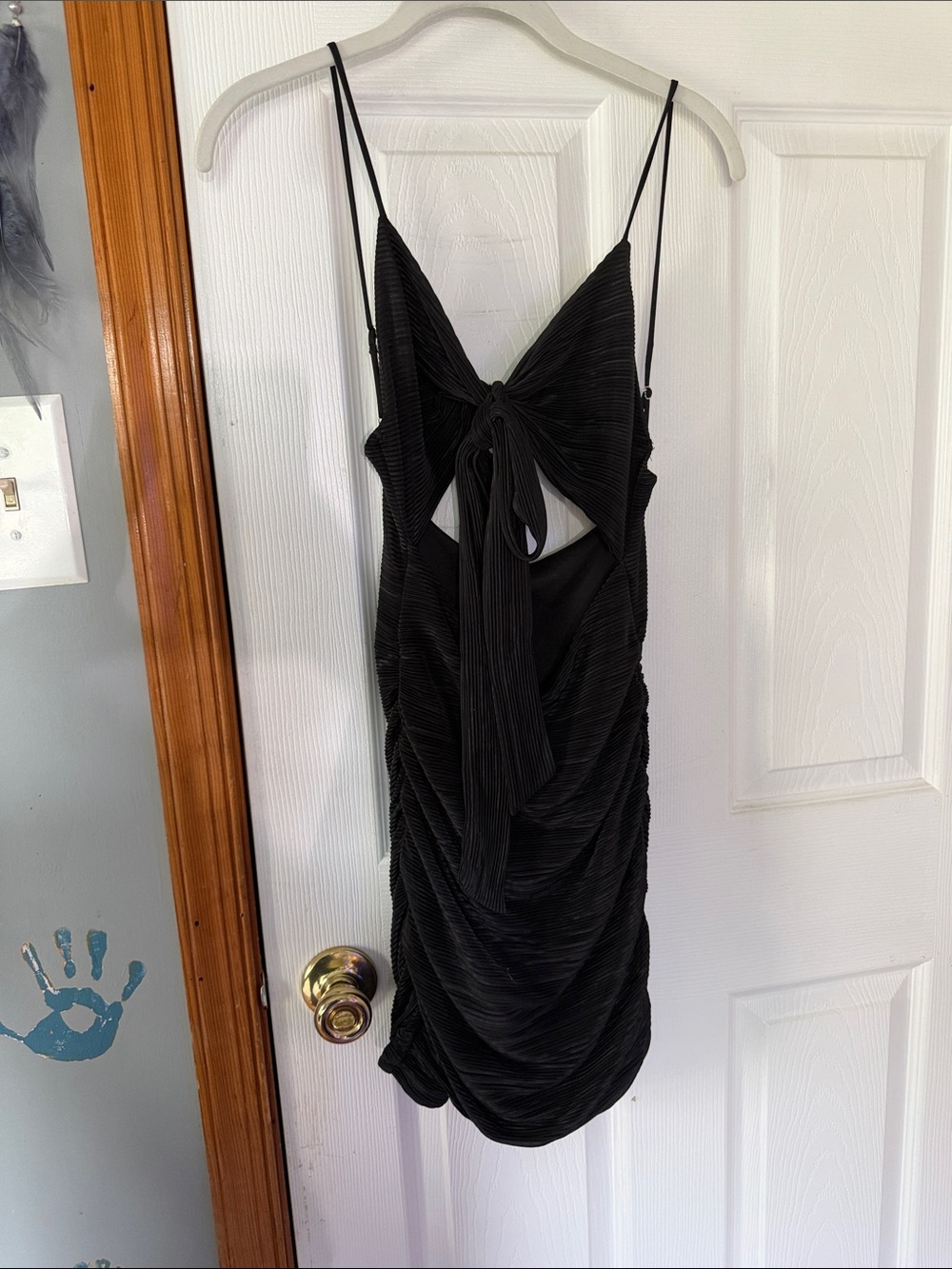 Lucy in the Sky Black Tie-Front Ruched Spaghetti Strap Mini Dress